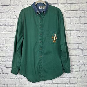 VTG 90s Disney Catalog Shirt L Tall‎ Green Twill Denim Collar Embroidered Tigger